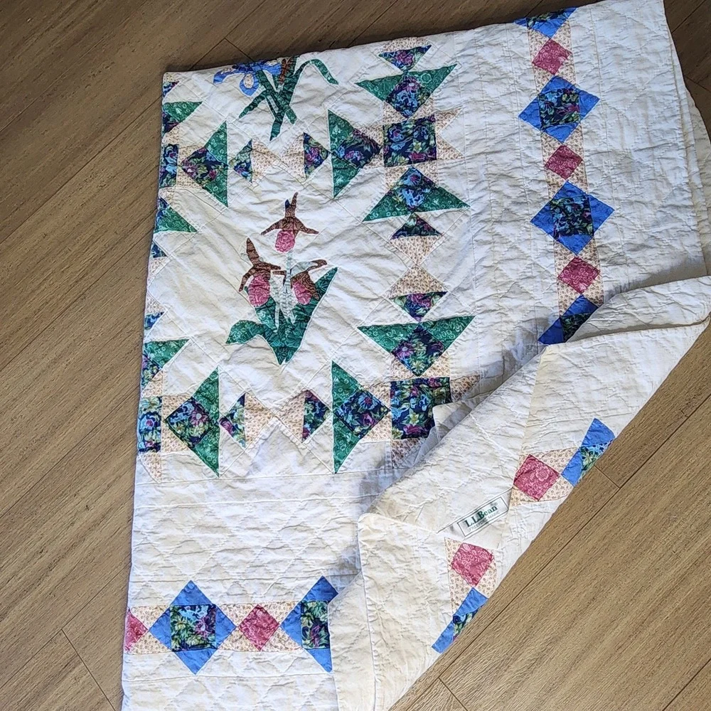 Vtg LL Bean Freeport Maine Botanical Block Applique Patchwork Quilt 62 X 80